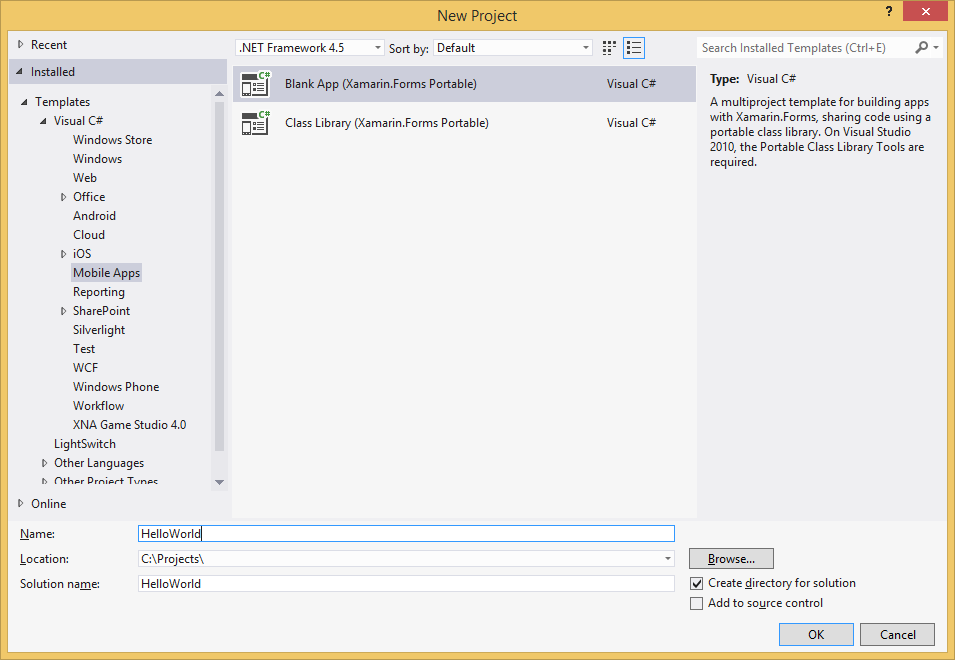 Figure 1. Creating a new project in the Visual Studio IDE.