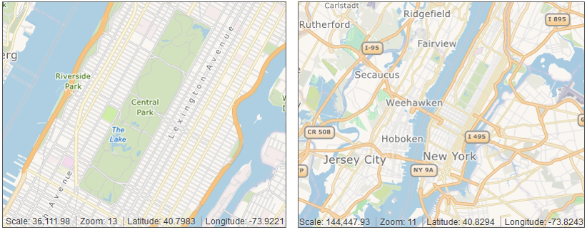 Maps of Central Park (larger-scale) and New York City (smaller-scale). Note the scale, zoom level, latitude and longitude. These appear in the lower left corner of the screen.